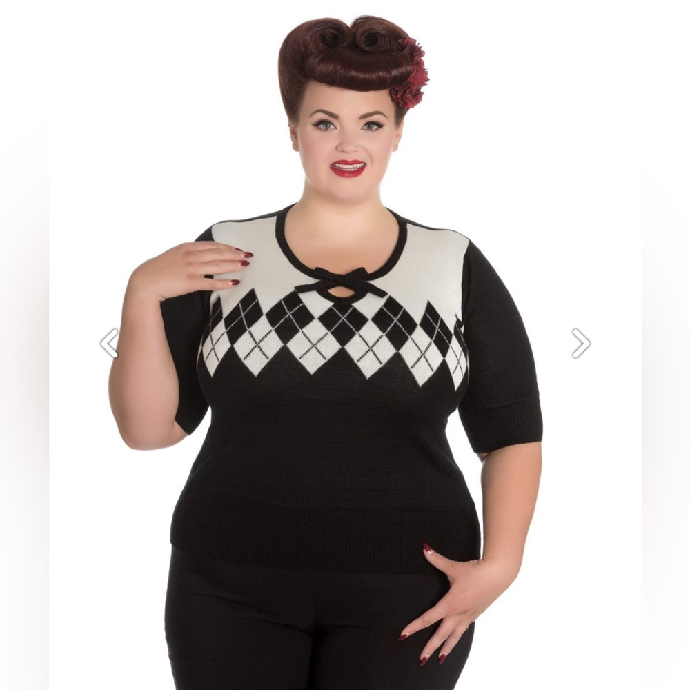 Hell Bunny Black and White Argyle Knit Top
